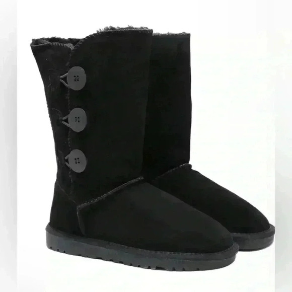SMAIBULUN UGG SIDE BUTTON FAUX FUR-LINED LEATHER SUEDE BOOTS Size 6 Black Winter - Picture 1 of 10